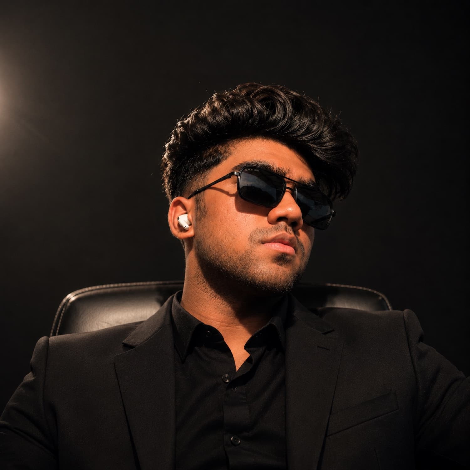 Vedavyas Bijukumar, Berlin based founder, in a dark suit and sunglasses